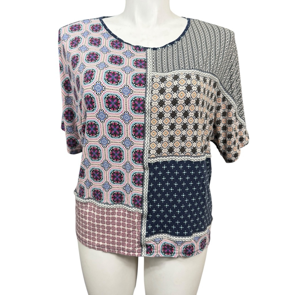 Chico’s Patchwork Print Short Sleeve Top Size Large Multicolor